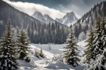 Amidst the mountainous landscape, a snowfall transforms the scenery into a winter wonderland
