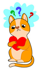 Sad red cat with a big heart. Valentine's Day Sticker