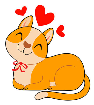 Smiling red cat with three hearts. Valentine's Day Sticker