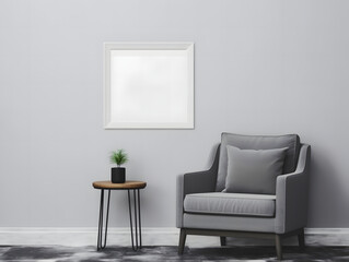Interior room with gray furniture and a blank white frame mockup on the wall