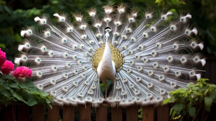 A white peacock perched on a garden fence, its feathers spread wide in a display of elegance and grace.