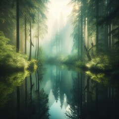 Fototapeta premium Serenity in Nature: Tranquil Forest Reflection 