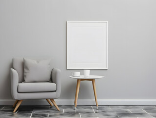 Interior room with gray furniture and a blank white frame mockup on the wall