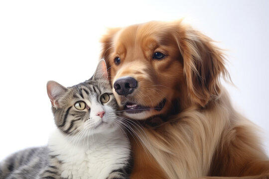 Photo of cute cat and dog hugging each other