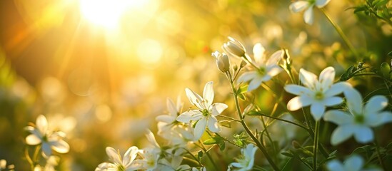 Blooming white flowers surrounded by green nature and shining sun look amazing. - obrazy, fototapety, plakaty
