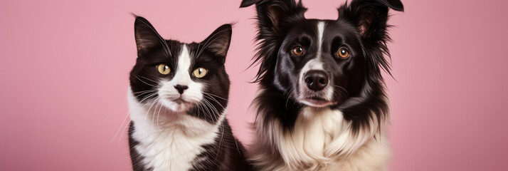 Photo of cute dog and cat in black and white striped color