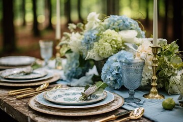 Outdoor tablescape featuring elegant tableware and dinnerware for a wedding party or event. Generative AI