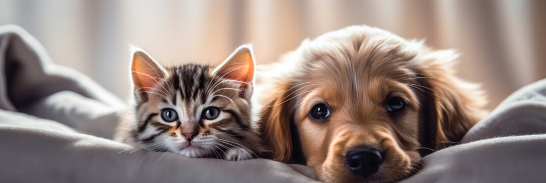 Photo of cute dog and cat looking at camera from under blanket