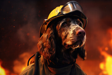 Photo of cute dog in firefighter suit among fires