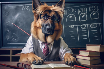 Photo of cute dog in teacher outfit in front of blackboard in classroom