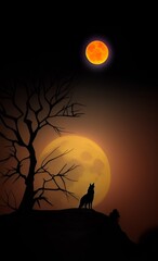 tree, moon, night, illustration, sky, wolf