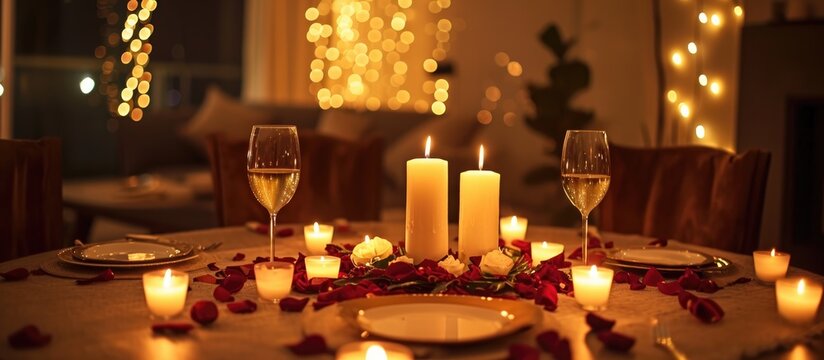 Intimate Valentine's date with candlelit decor, perfect for a romantic proposal. - Powered by Adobe