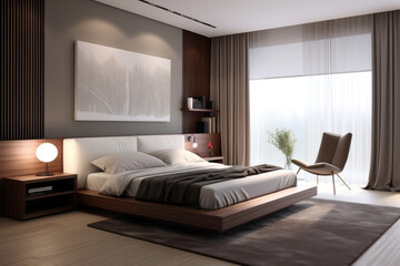 Photo of dark color minimal bedroom interior design with modern bed and decoration