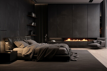 Photo of dark minimal bedroom interior design with bed and modern decoration
