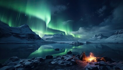 Naklejka premium View of night sky with multicolored aurora borealis and snowy mountains peak background. Night glows in vibrant aurora reflection on the lake with forest. 