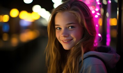 Fototapeta premium A young girl smiling in front of a neon light, radiating joy and happiness. Generative AI.