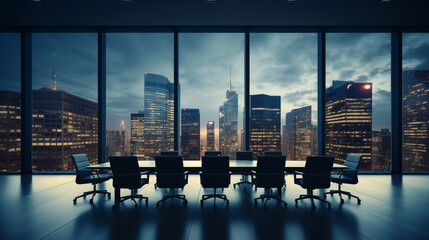 Meeting room with city view at night, illustration (generated using artificial intelligence).