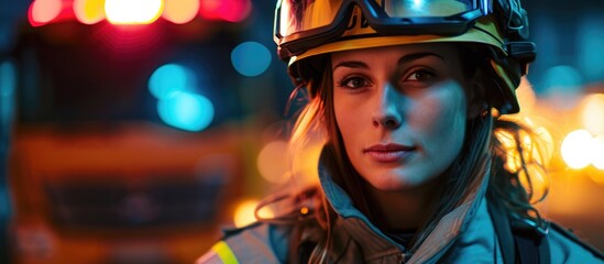 Contented female firefighter indoors at night, gazing at camera.
