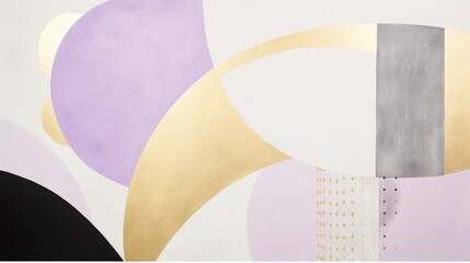 Abstract illustration featuring lines and curves in purple, gold, black, gray and white