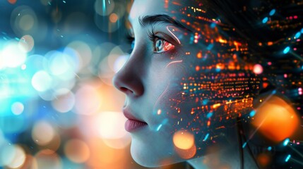 Fototapeta premium The young female face with elements of an interactive glowing interface. AI and Human interface with beautiful futuristic bliss 
