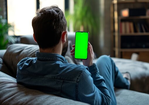 Back view portrait of a man sitting on a sofa while holding a green screen cell phone