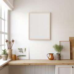 White Scandinavian farmhouse kitchen mockup interior background