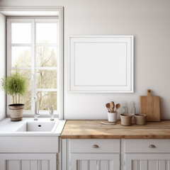 White Scandinavian farmhouse kitchen mockup interior background