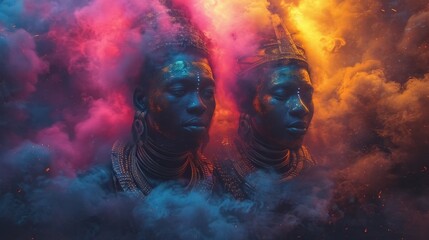 African Deities in Plate Armor Amidst the Clouds. A Captivating Image