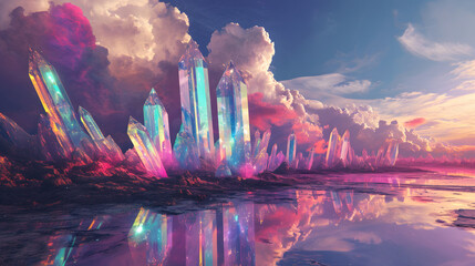 Glowing Crystal Formations in Surreal Landscape at Sunset
