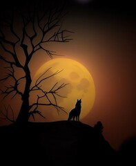 Wolf, night, moon