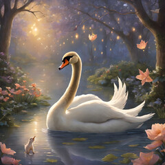 In the enchanting hues of a dreamy twilight, a beautifully graceful swan glides through the stillness of a serene pond. Its elegant white feathers glow softly under the fading sunlight, casting a mesm