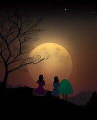 lovers in the night, 
night, moon, illustration, star, tree, family, art, woman, people