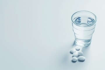 Transparent glass of water with tablets scattered around it on a white backround, banner, copy space