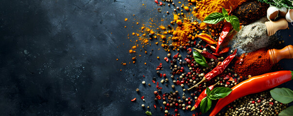 Artistic Display of Exotic Spices and Herbs on Dark Rustic Background - obrazy, fototapety, plakaty