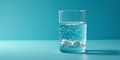 Transparent glass of water and tablets near it on a blue backround, banner, copy space