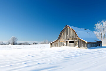 Tranquil Winter Scene with Snow-Covered Barn and Frosty Trees