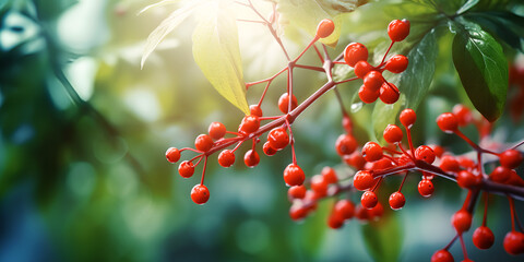 East asian plant ardisia crenata sims, Autumn background. red rowan berries on a background of blue sky,

