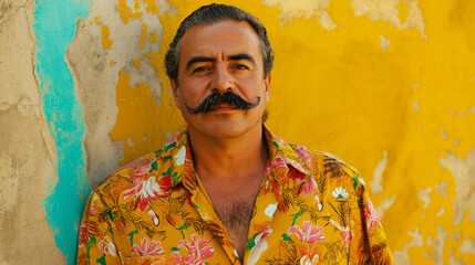 Mustachioed Mexican man standing against the background of a yellow wall with graffiti