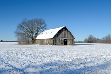 Tranquil Winter Scene with Isolated Snow-Covered Barn and Bare Trees