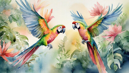 Pastelowa akwarela.  Kolorowe Papugi . Generative AI - obrazy, fototapety, plakaty