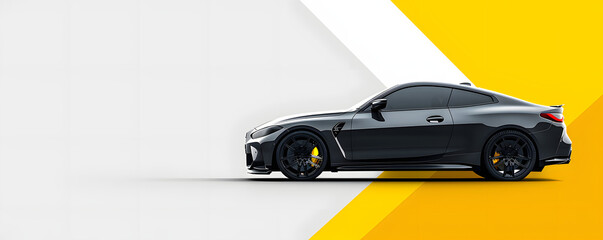 Luxury Sport Coupe on Geometric Yellow and White Background - obrazy, fototapety, plakaty