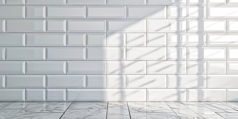 A white tiled wall with a window in the background