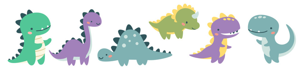 Set of flat vector illustrations in children's style. Cute kind dinosaurs. Vector illustration