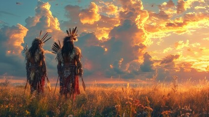 Obraz na płótnie Canvas American Indian Gods Embracing Plate Armor amidst the Clouds 