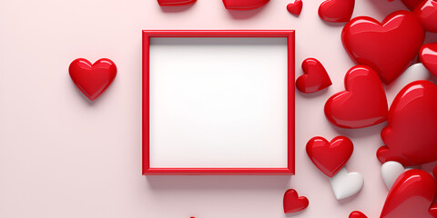 Beautiful hearts floating around a white frame of valentine's day on dark red background. love theme, 
