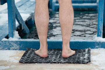 Hardening of the body through water treatments. Swimming in cold water in winter. Walrus swimming.