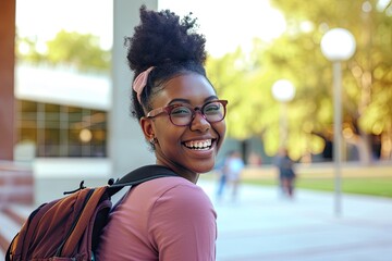 A woman with a backpack smiles at the camera, african college student portrait, african college student portrait outdoors on blurred background of college grounds.