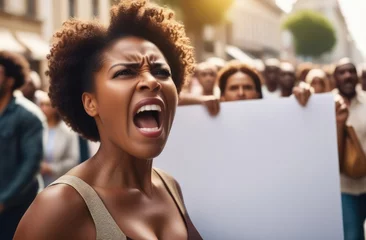 Fotobehang angry black woman screaming with poster on street. female activist striking against rights violation © Artem Zatsepilin