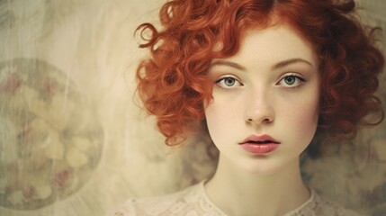 Photorealistic Teen White Woman with Red Curly Hair retro Illustration. Portrait of a person in vintage 1920s aesthetics. Historic movie style Ai Generated Horizontal Illustration.