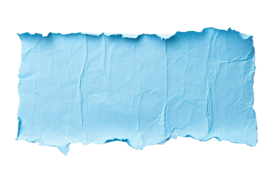 Blank, blue sheet of paper, rectangular shape. On transparent background. Ripped, jagged page. With empty space for text.